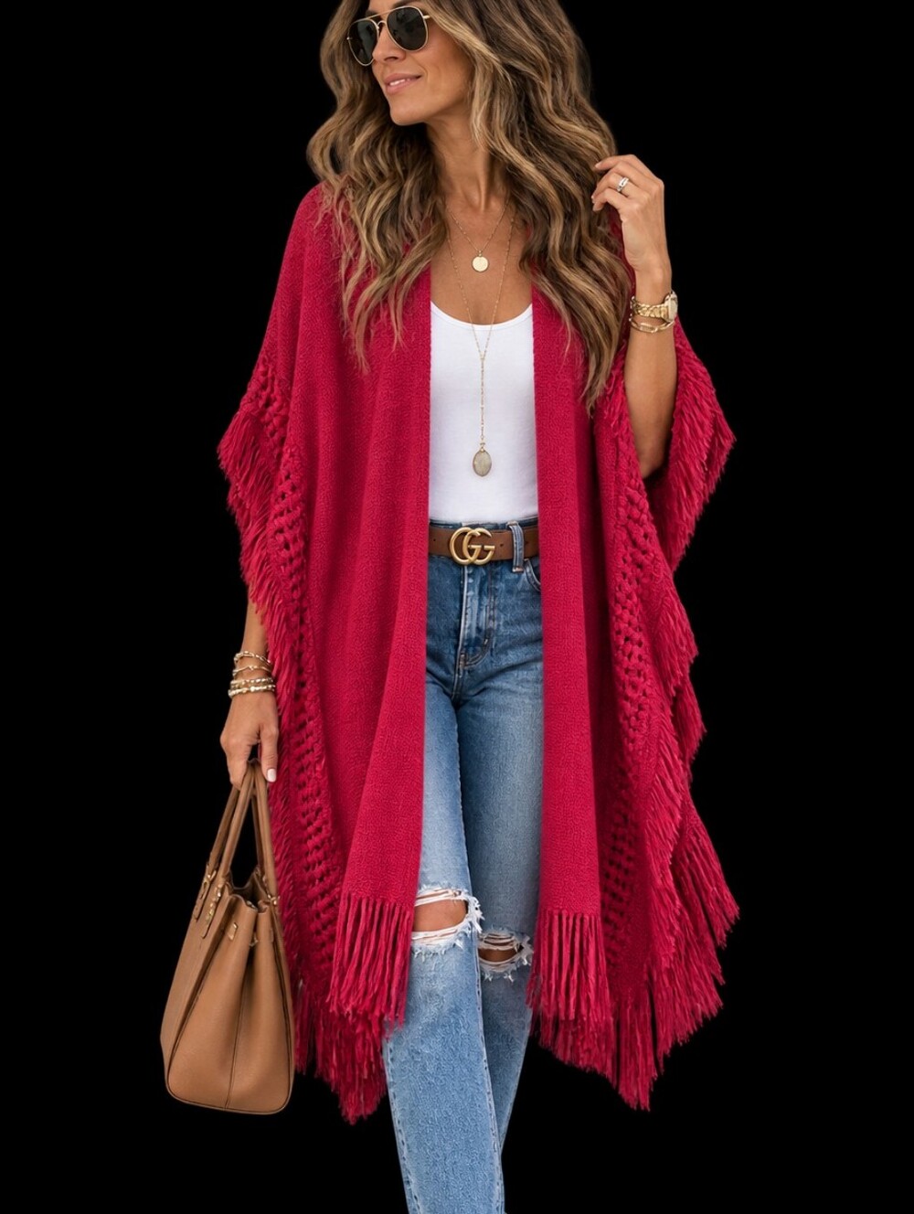 COLLECTIONS ETC Open-Front Fringe Knit Cardigan Sweater Coatigan - Red Boho Chic